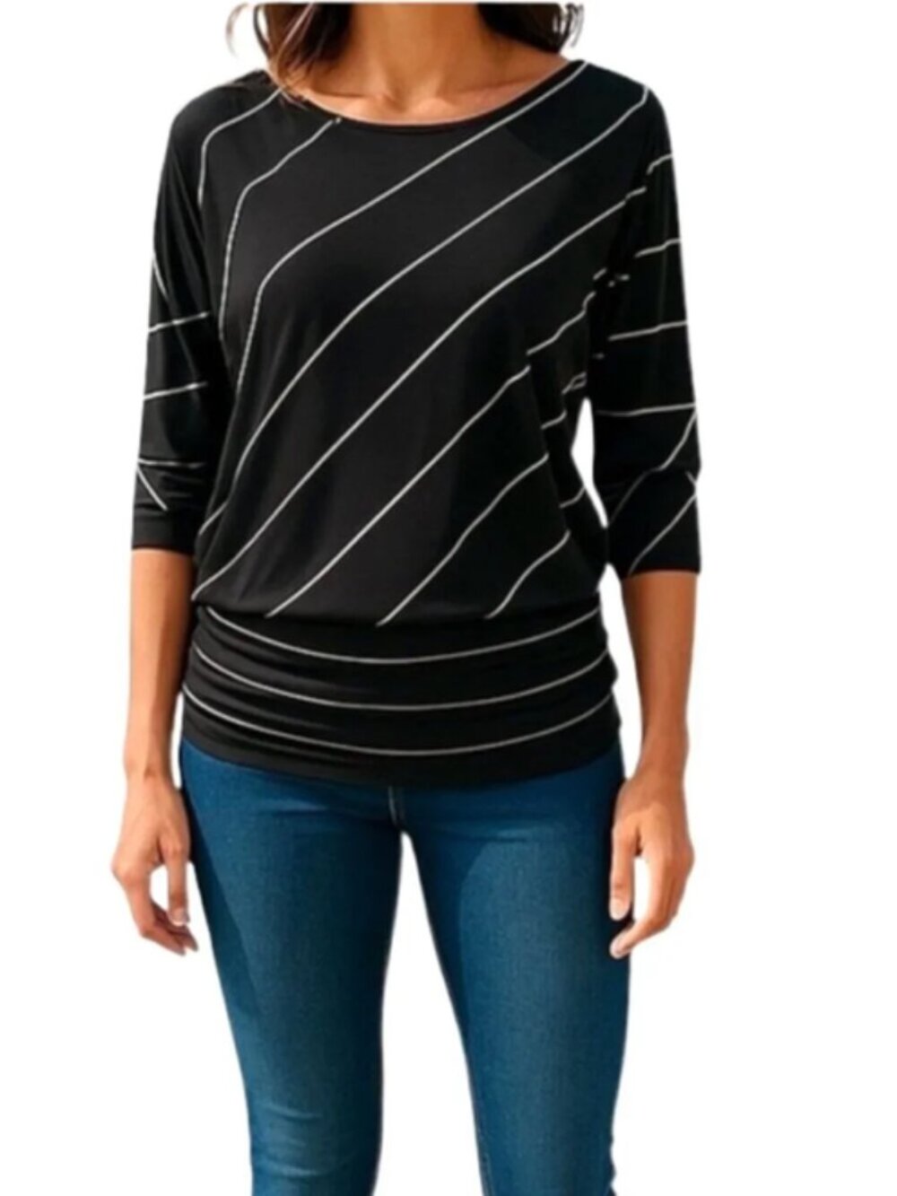 Chico's Black W/Tan Stripes Ruch Side Top size 2